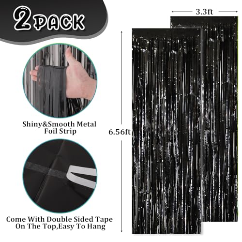 Image of Voircoloria 2 Pack Black Tinsel Foil Fringe Curtains, Black Party Decorations, Metallic Tinsel Party Streamers Backdrop for Birthday Halloween New Years Graduation Party Decorations