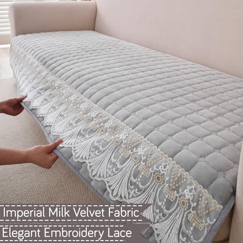 Image of HOKIPO 'BelleLace Series' 6 Seater Sofa Cover Mat in 3 Seater and 2 Seater and 1 Seater Configuration | Imperial Milk Velvet Mat with Anti Slip Backing, Cloud Grey (AR-5966+5964+5962-LGRY)