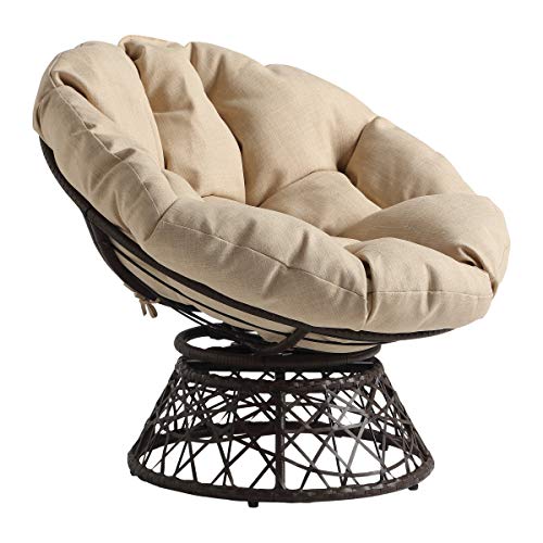 Image of OSP Home Furnishings Wicker Papasan Chair with 360-Degree Swivel, Brown Frame with Cream Cushion