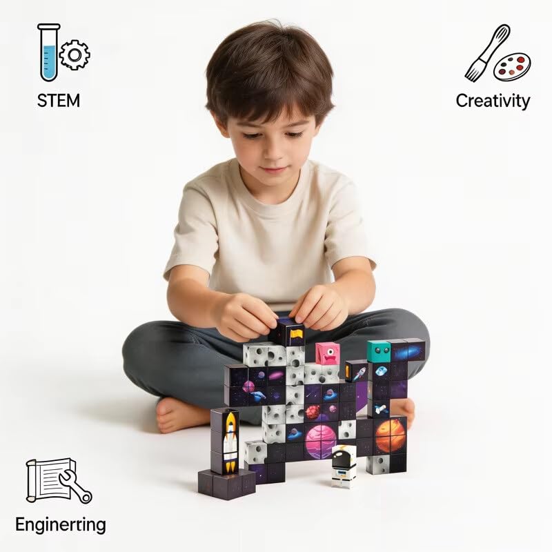 Image of Magnetic Building Blocks for Kids, 3D Magnetic Tiles Construction Set, STEM Educational Learning Toy, Creative Building & Pretend Play Toy for Boys & Girls 3+ Years (102 PCS Space Theme Magnetic Cube)