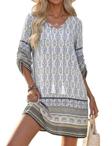 HOTOUCH Boho Dresses for Women 2026 Women Casual Summer Summer Dresses V Neck 3/4 Long Sleeve Ruffle Floral Flowy Boho Babydoll Mini Beach Dress White S at Amazon Women's Clothing store