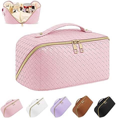 Large Capacity Travel Makeup Bag Cosmetic Bag Waterproof Portable PU Leather Checkered Makeup Case Organizer Toiletry Bag Make up Box for Skincare Cosmetics Toiletries with Handle and Divider