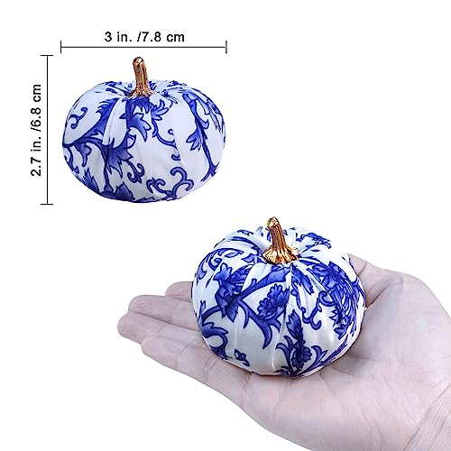 Image of Winlyn 12 Pcs Small Fabric Decorative Blue and White Pumpkins Chinoiserie Chic Foam Pumpkins 3 inch for Gifts Fall Wedding Halloween Thanksgiving Table Centerpiece Mantel Farmhouse Decor