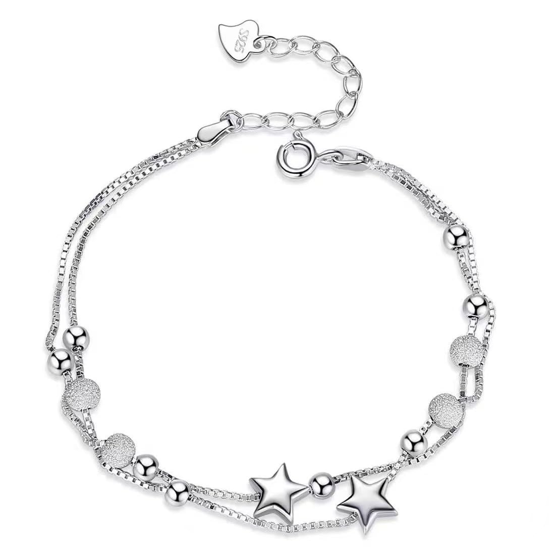 Bracciale Donna In Argento 925 Con Stelle E Perline - Catena Regolabile Per Ragazze E Adolescenti - Gioiello Amicizia, Regalo Di Compleanno E Natale