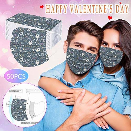 ZQP 50PCS Valentine Theme Printed Disposable_Face_Masks for Adult,3-ply Face Protection Covering with Elastic Earloop and Nose Clip for Outdoor,Comfortable & High Filtration &Ventilation - Image 3