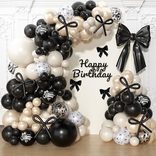 Image of 142Pcs Black Bow Balloon Garland Arch Kit - Coquette Birthday Decorations with Black and White Balloons, Bow Balloons and Satin Ribbon Bows for Birthday Wedding Baby Shower Bachelorette Party Decor