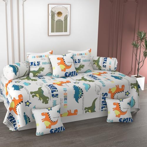 Image of Cotton Diwan Set Covers |8 Pieces Diwan Cover Set|300 TC Fabric| Pure Cotton Printed Deewan Set (1 Single Bedsheet, 2 Bolster Covers, 5 Cushion Covers)|Dinasaur|SZDS 045