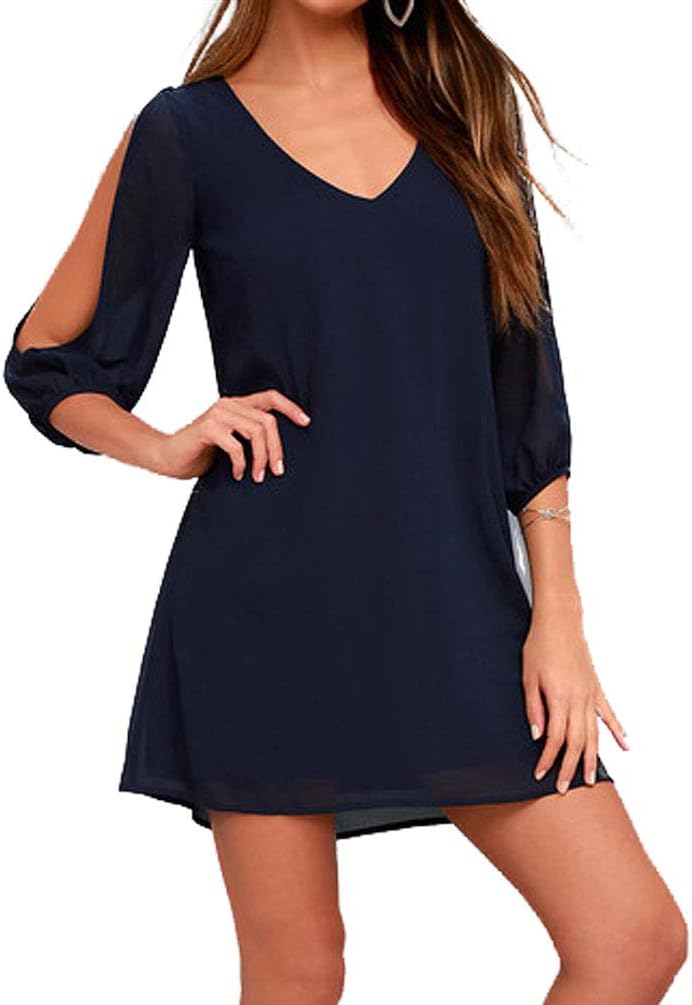 FOROLAV Women's Cold Shoulder 3/4 Sleeve Shift Dress