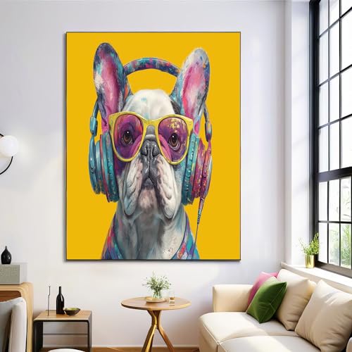 DLERFLOVR Quadri Bulldog Francese 40x60cm Stampa su Tela Animali Punk Stampe da Parete Murale Arte Decorazioni da Parete per Soggiorno Camera da letto Ufficio, Giallo