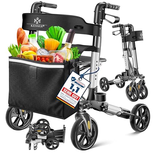KESSER Rollator Aluminium Set, Leichtgewicht-Reiserollator mit Vollausstattung, 3-fach faltbar für Kofferraum klappbar Reise und Flug, Höhe verstellbar, Gurt, Stockhalter Gehwagen Laufhilfe Gehhilfe