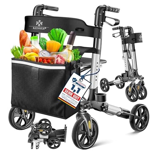 KESSER Rollator Aluminium Set, Leichtgewicht-Reiserollator mit Vollausstattung, 3-fach faltbar für Kofferraum klappbar Reise und Flug, Höhe verstellbar, Gurt, Stockhalter Gehwagen Laufhilfe Gehhilfe