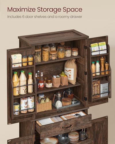 Image of VASAGLE Pantry Cabinet, Tall Storage Cabinet with Drawer, 70.3-Inch | Farmhouse kitchen cabinet with barn doors, tray, adjustable shelves, Hazelnut Brown, UBBK364K01
