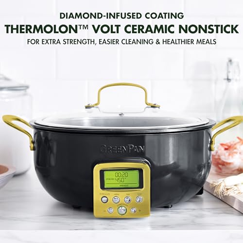 GreenPan Elite Essential Smart Electric 6QT Skillet Pot, Presets to Sear Saute Stir-Fry and Cook Rice, Healthy Ceramic Nonstick and Dishwasher Safe Parts, Easy-to-use LED Display, Gold