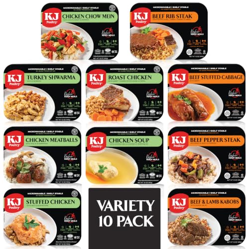 KJ Poultry Kosher Ready Meals - (10 Pack Variety - Beef, Chicken &amp; Turkey) Prepared Entree Fully Cooked, Shelf Stable Microwave Dinner Travel Military Camping Emergency Survival Protein