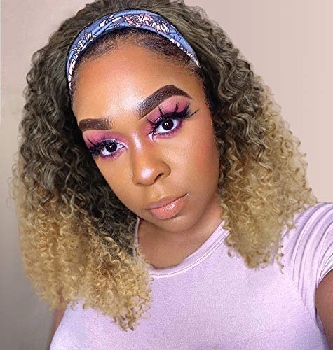 Kinky Curly Headband Wigs For Black Women Short Curly Headband Wigs With Black Headband 16 Inches For Daily Party Use (Ombre Blonde, 16 inches)