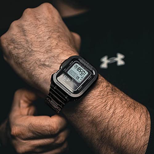 amBand Stainless Steel Band and Case Compatible with Apple Watch Series 8/7 45mm, Moving Fortress Pro Rugged Protective Bumper Luxury Metal Cover and Link for iWatch Men Black