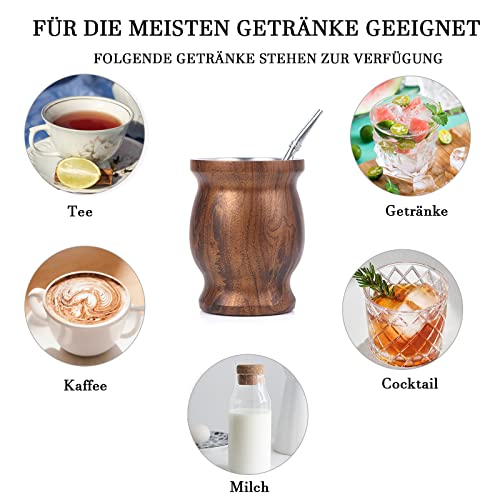 sinzau Mate Becher, Mate Tee Set, Mit Strohhalmlöffel und Reinigungsbürste, 230ml Mate Gourd Set für Mate Tee, Kaffee, Milch und Saft (Farbe der Holzmaserung)