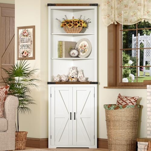 Image of TEENFON Farmhouse Corner Cabinet, 70 inch H Tall Corner Hutch with 5 Shelves & 2 Barn Doors, Bathroom Cabinet with Adjustable Shelf, for Living Room, Kitchen, Bathroom, White