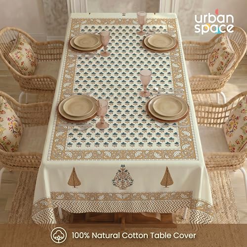 Image of Urban Space 100% Cotton Dining Table Cover 4 Seater, Jaipuri Handblock Cotton Table Cloth for Center Table, Dining Room Table Cover (Size 48 inch x 72 inch - 4 Seater, Heer)
