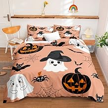 Bedorm Cute Halloween Bedding Set Cartoon Ghost Duvet Cover Ghost Festival Themed Pumpkin Spider Bat Spooky Cartoon Printed Peach Pink Bedding King with 2 Pillowcases