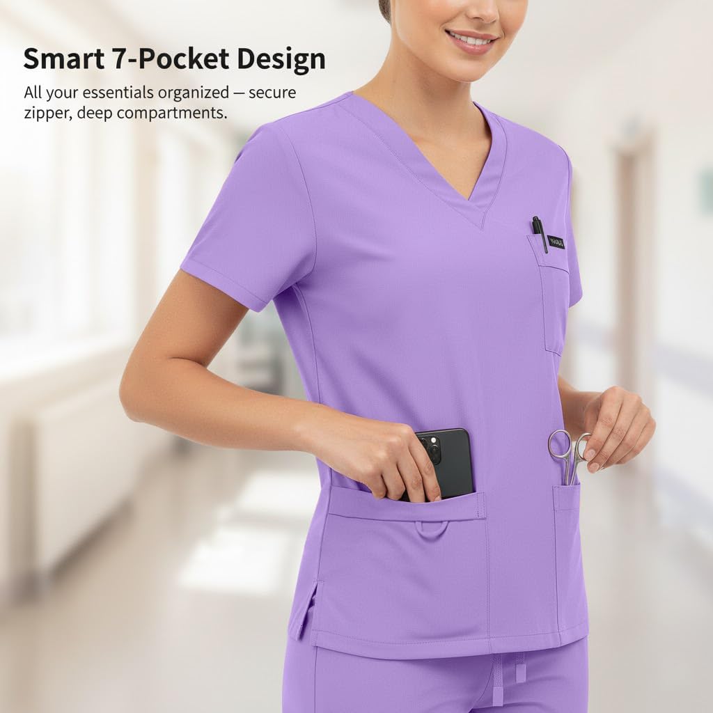 VIAOLI Scrubs for Women Set V-Neck Top and 8 Pocket Jogger Scrub Pant - Medical Uniform Nursing Scrub Set