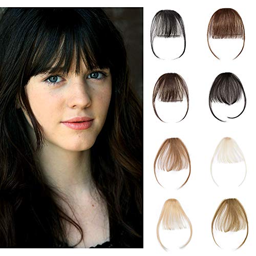 Clip In Air Bangs 100% Remy Human Hair Extensions One Piece front Neat Air Fringe Hand Tied Straight Flat Bangs Clip On Hairpiece With Temples For Women #1 Jet Black 3g