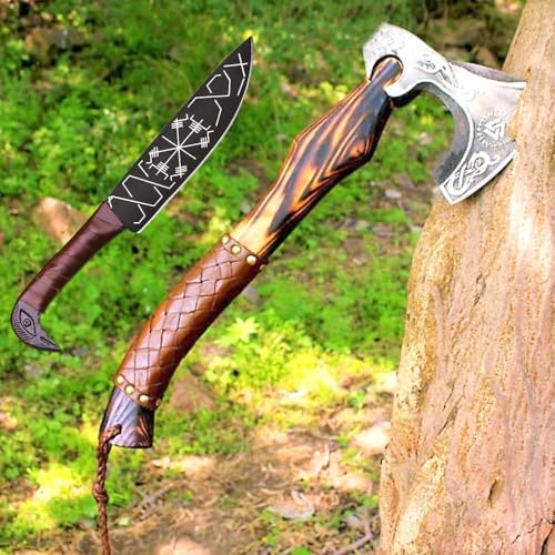 Image of Viking Axe Gift Vikings Knife with Sheath | Hand Forged Real Handmade Outdoor Hunting Camping Axes and Hatchets | Viking Gifts for Men (Ax-05)