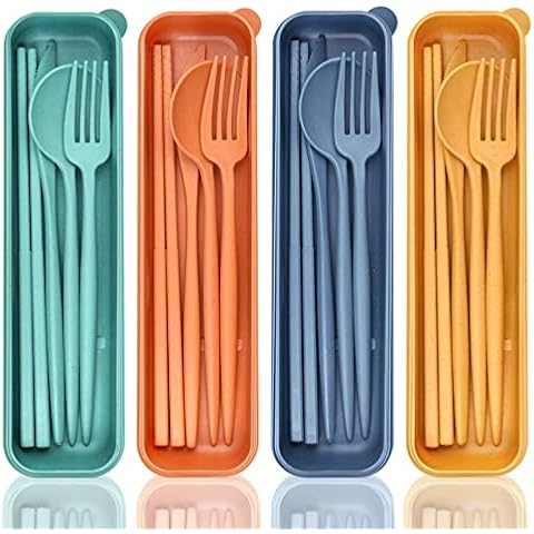 DISSKNIC Reusable Travel Utensils with Case, 4 Sets Wheat Straw Portable Cutlery Set Chopsticks Knives Fork and Spoon for Lunch Box Accessories, Camping Flatware Sets for Daily Use or Outdoor Cover