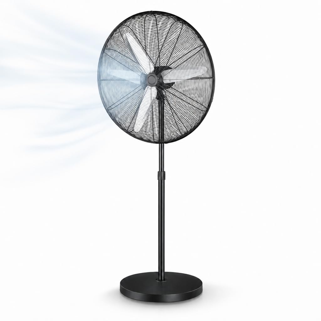 Ventilador de Pie Industrial 200W – 80 cm diametro, 3 Aspas Aluminio, 3 Velocidades, Oscilante y Orientable, Altura Regulable 200–235 cm, Base Pesada Antivuelco, Fijo y Rotatorio, Negro/Plata (200 W)