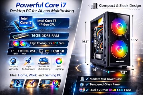 Image of TECNICO AI INCUDED Desktop PC | Core i7-4770 3.4GHz | 16GB RAM | 512GB SSD | 5G WiFi + Bluetooth | Windows 11 Pro | High Cooling Dual RGB Fan Cabinet (No Monitor, Keyboard, Mouse & Speaker)