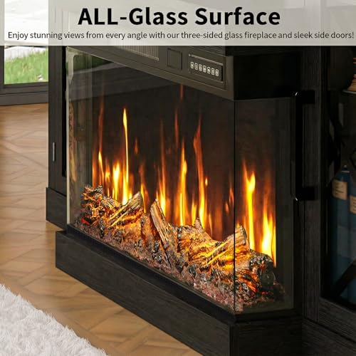Image of BREEZEHEAT Fireplace TV Stand for TVs up to 70 inch, 3-Sided Electric Entertainment Center with 24 inch LED Fireplace, Media Console w /Storage Cabinet & Glass Doors, 59Inch, Black