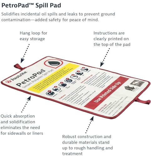 Image of Justrite PetroPad 11.7 Gallon Capacity Oil Absorbent Pads, 85 inch x 53 inch, Eco-Friendly Washable and Reusable Absorbent Oil Mat for Indoor and Outdoor Use, XX-Large, 83990