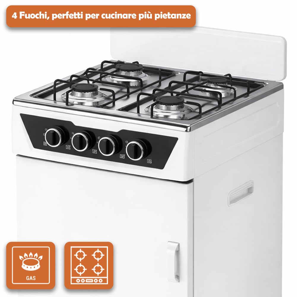 BAKAJI Cucina da Esterno con Piano Cottura 4 Fuochi a Gas, Mobile con Vano Portabombola Integrato Ideale per Esterni e Interni, Struttura Salvaspazio Robusta e Compatta con Paravento (Bianco)