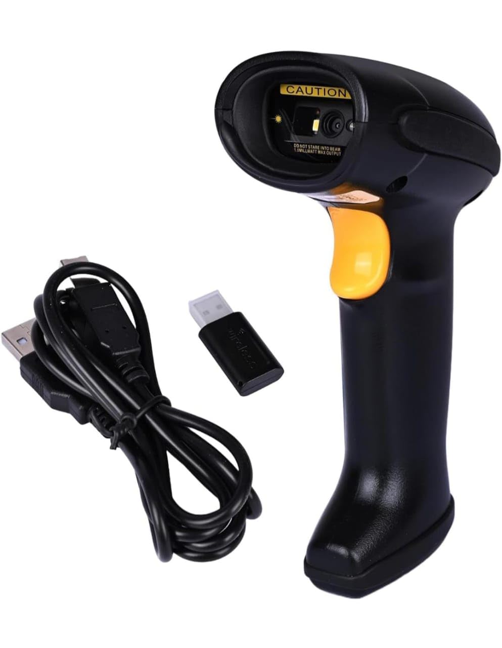 D-5015 2D Bluetooth Barcode Scanner, Wireless QR Code Reader, Black with Yellow Trigger, 17cm Length, USB Charging, 1.2m Cable Included, Compatible with Desktop Computers
