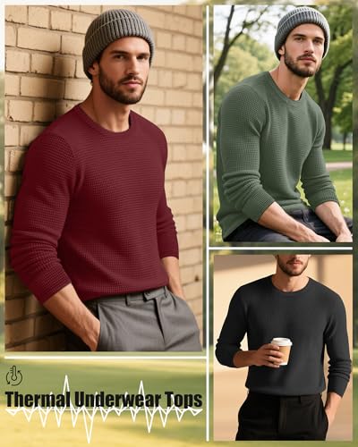 5 Pack Thermal Waffle Shirts for Men, Crew Neck Long Sleeve Casual Pullover Underwear Textured Knit Tops3