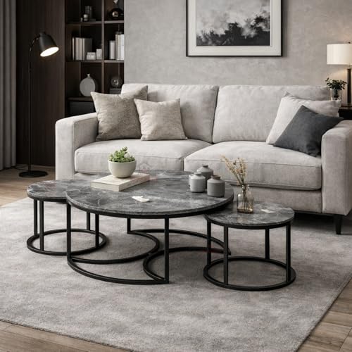 Image of Round Coffee Table Set of 3, Marble Laminated Accent Center Table with Sturdy Metal Base | Modern Foldable Nesting Stacking Tables for Living Room, Bedroom, or Apartments (Black - Grey)