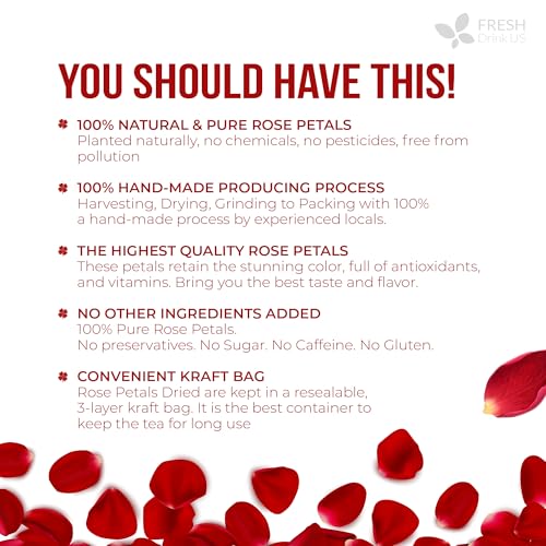 Image of FreshDrinkUS, Premium 8oz Dried Rose Petals, 100% Natural & Pure, Herbal Tea, Daily Infusion Botanical, No Sugar, No Caffeine, No Gluten, Vegan. Rich in Antioxidants.
