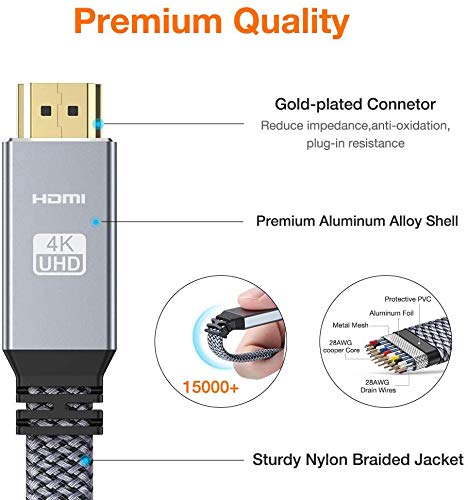High Speed HDMI Cable 15ft (4K 60HZ, HDMI 2.0, 18Gbps), Snowkids 4K Flat HDMI 2.0 Cable Braided HDMI Cord 28AWG, Support 4K HDR 3D 2160P 1080P HDCP 2.2 ARC Ethernet, 4K TV/HD TV Monitor Blu-ray-Gray