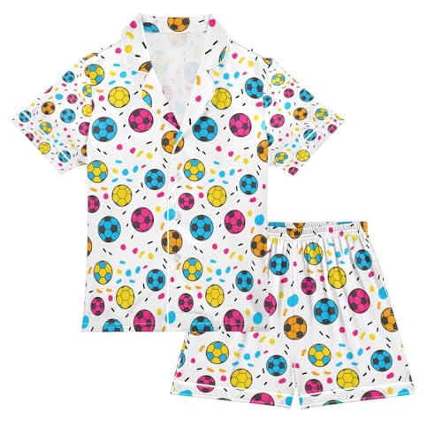 senya Multicolor Soccer Confetti Satin Summer Pajama Sets Silk Short Sleeve Button Down Sleepwear
