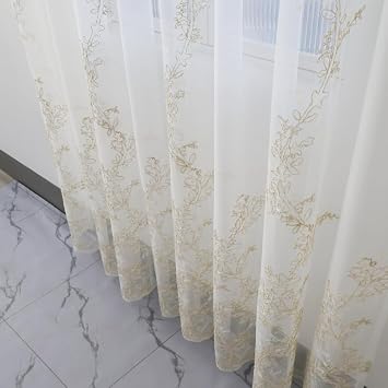 Amidoudou 1 Pair Luxury Embroidered Tulle Curtains for Living Room Wedding 3D Gold Flower Sheer Curtains White,51x96 Inch