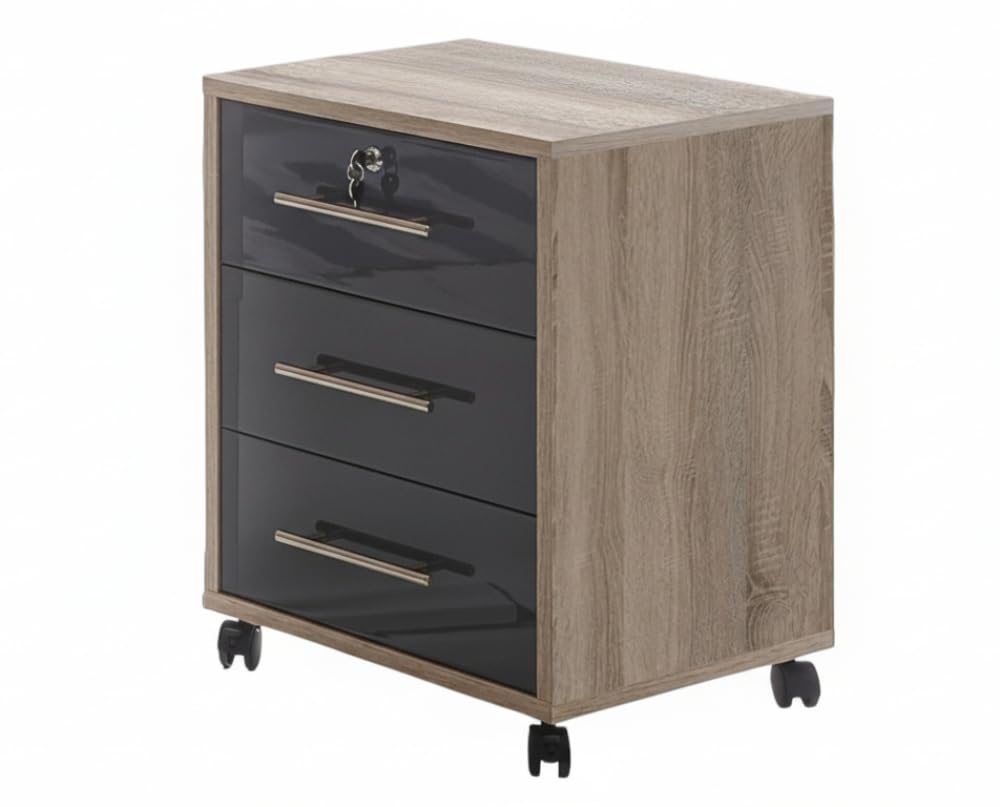 moebel-dich-auf Büromöbel Set Komplett TABOR 2– Schreibtisch mit Rollcontainer, Aktenschränken & Regal – Viel Stauraum für Ihr Büro Korpus Eiche Sonoma Front anthrazit Hochglanz