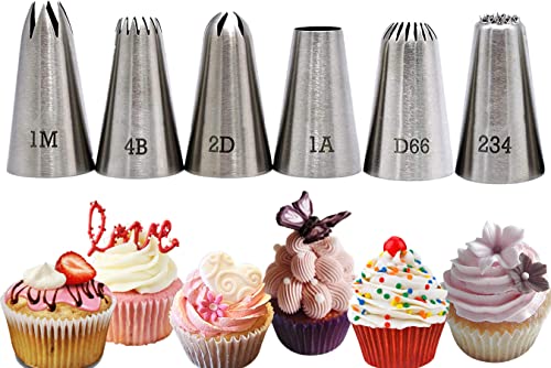 XOPOZON® Lot de 6 Grandes Douilles Professionnelles en Acier Inoxydable, Douilles à Pâtisserie Embouts de Tuyauterie (1M, 2D, 4B, 1A, D66 et 234) Douilles Crème pour la Décoration de Cupcakes