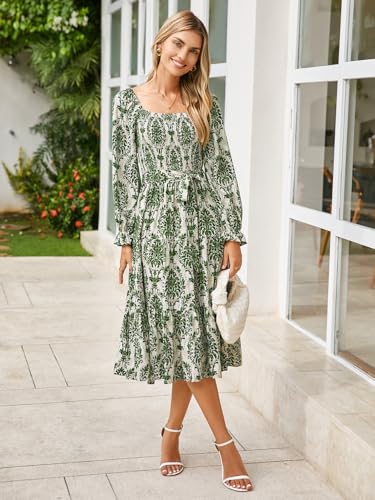 Image of Simplee Womens Long Sleeve Maxi Dress Casual Square Neck Smocked Flowy Fall Wedding Guest Dresses