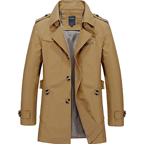 Mens Trench Coat Single Breasted Cotton Lightweight Jacket Military Jackets Windbreaker Wind Trench Coats Outdoor Jacket (Deep Khaki, XXL=US L)