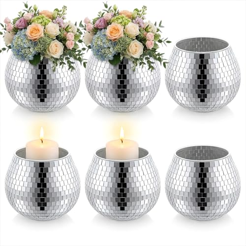 Yuanan 6 PCS Disco Ball Vase Candle Holder 3.9X3.74 Inch Multifunctional Pencil Cup Disco Flower Vase Centerpieces for Wedding Centerpieces Birthday Office Bedroom Classroom Decor