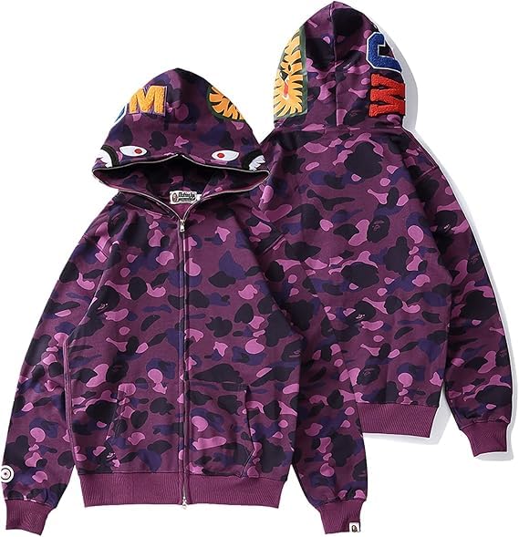 Cuuontrie Shark Full Zip Up Hoodie, Camo Sweatshirt For Men Women Y2K Tops Graphic Hoodie Preppy Clothes M/1