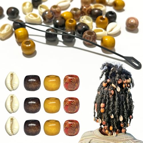 HKGTYE 60PCS Wood Hair Beads for Braids Large Hole Loc Hair Wooden Bead Dreadlock Accessories Multi Shape Mixed Natural Dread Beads Hair Decoration for Women/Men