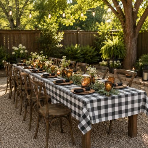 Image of Blue Orchards Black Gingham Table Cover (Pack of 3 with 20 Glue dots) - 54 inchx108 inch XL - Black and White Buffalo Checkered Picnic Plastic Tablecloth, Camping Decoration, Outdoor Birthday Party Supplies