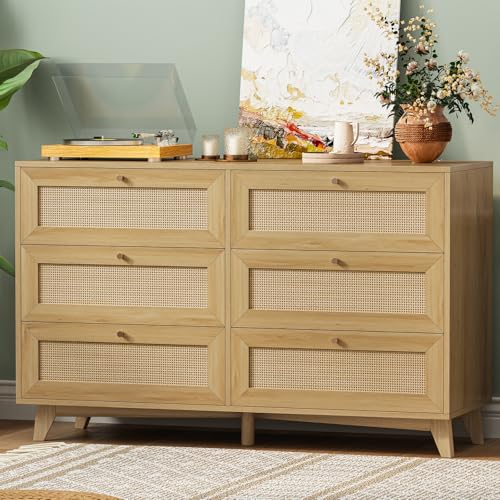 Image of AOGLLATI 6 Drawer Natural Rattan Dresser for Bedroom, Modern Double Wooden Wide Bedroom Dresser, Chest of Drawers with Metal Handle & Solid Wood Legs for Bedroom/Living Room, Nature