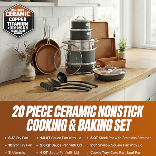 GOTHAM STEEL 20 Pc Ceramic Cookware Set, Copper Pots and Pans Set Non Stick with Bakeware, Cooking Utensils, and Steamer, Oven and Dishwasher Safe